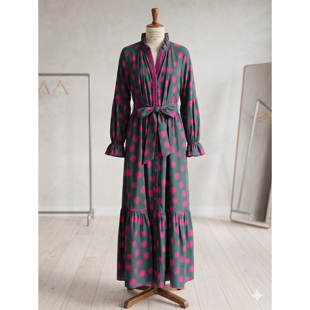 Sheridan French Pink Sunburst Cotton Maxi Dress‎ Beaded Tiered Ruffle S